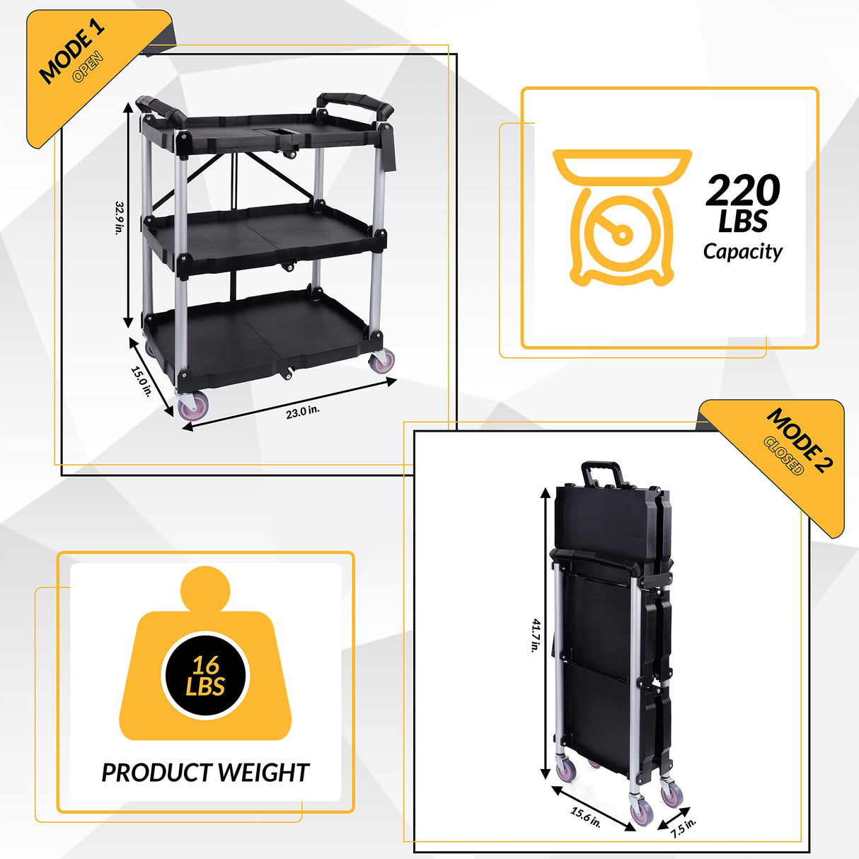 ELEVON Portable Folding Collapsible Service Cart Foldable Service Cart 3 Tier Collapsible Push Cart Folding Utility Carts with Wheels for Office Warehouse Home, Black Elevon