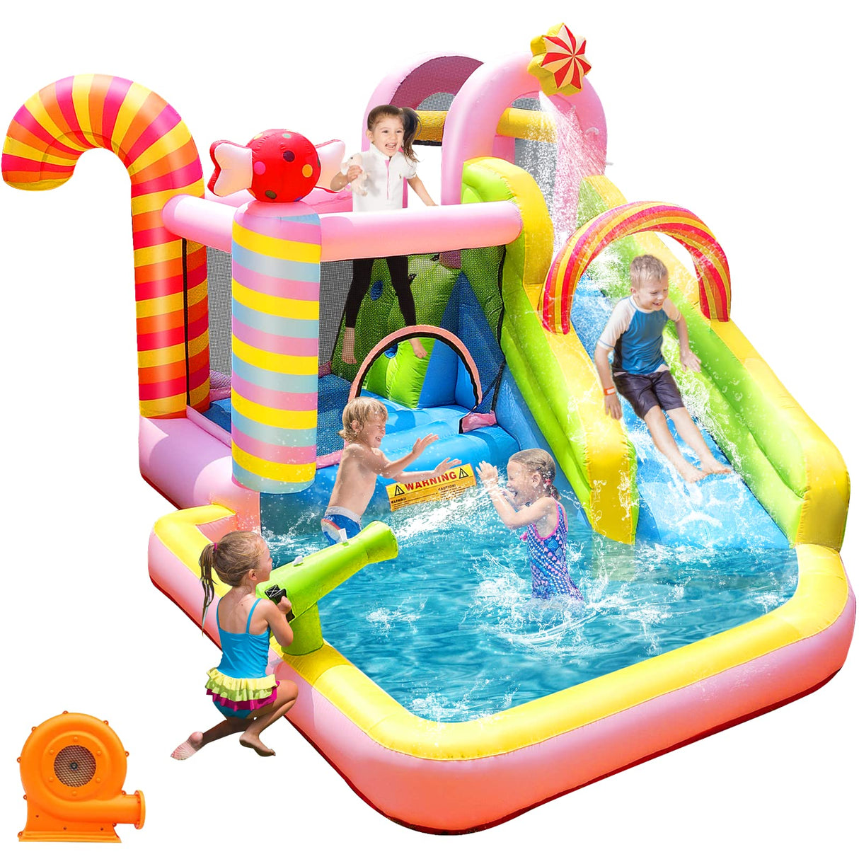 NBSPORT Inflatable Bounce House Water Slide, 6 in 1 Sweet Candy Water Park, Wet Dry Combo Bouncy Castle with 450W Blower, Splash Pool, Water Slide for Kids and Adults Backyard Party Gifts NBSPORT