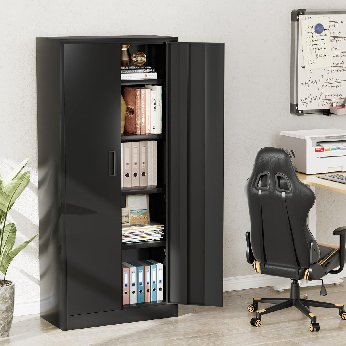 JUMMICO Metal Storage Cabinet with 2 Locking Doors and 4 Adjustable Shelves, 71" Tall Freestanding Utility Steel Storage Cabinet for Home Office, Pantry, Garage (Black, 16 x 32) JUMMICO