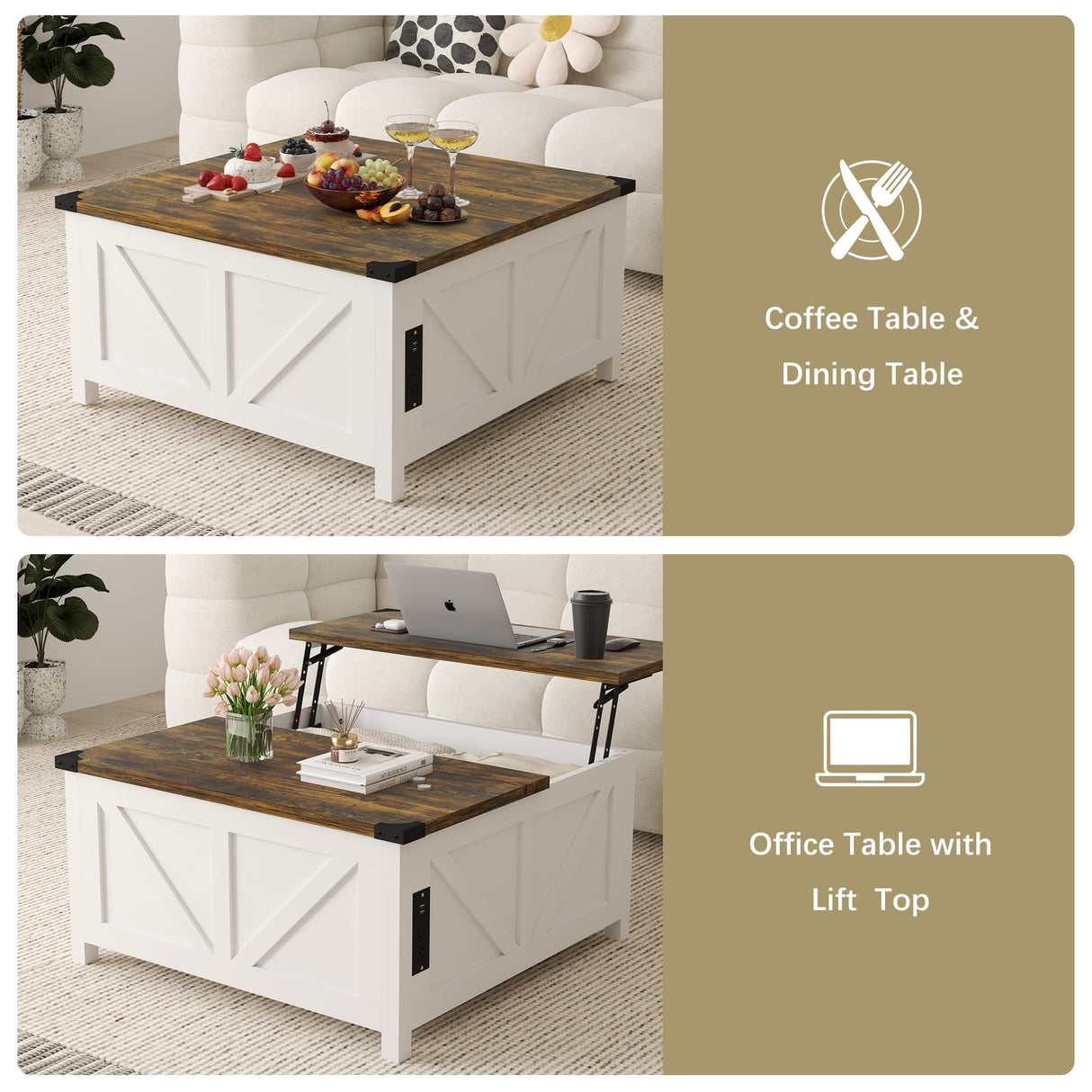 Furnivado 35'' Farmhouse Lift Top Coffee Table, Coffee Table with Storage and Large Hidden Storage, Square Coffee Table with Charging Station&USB Ports, White Coffee Table for Living Room, Home Office Furnivado