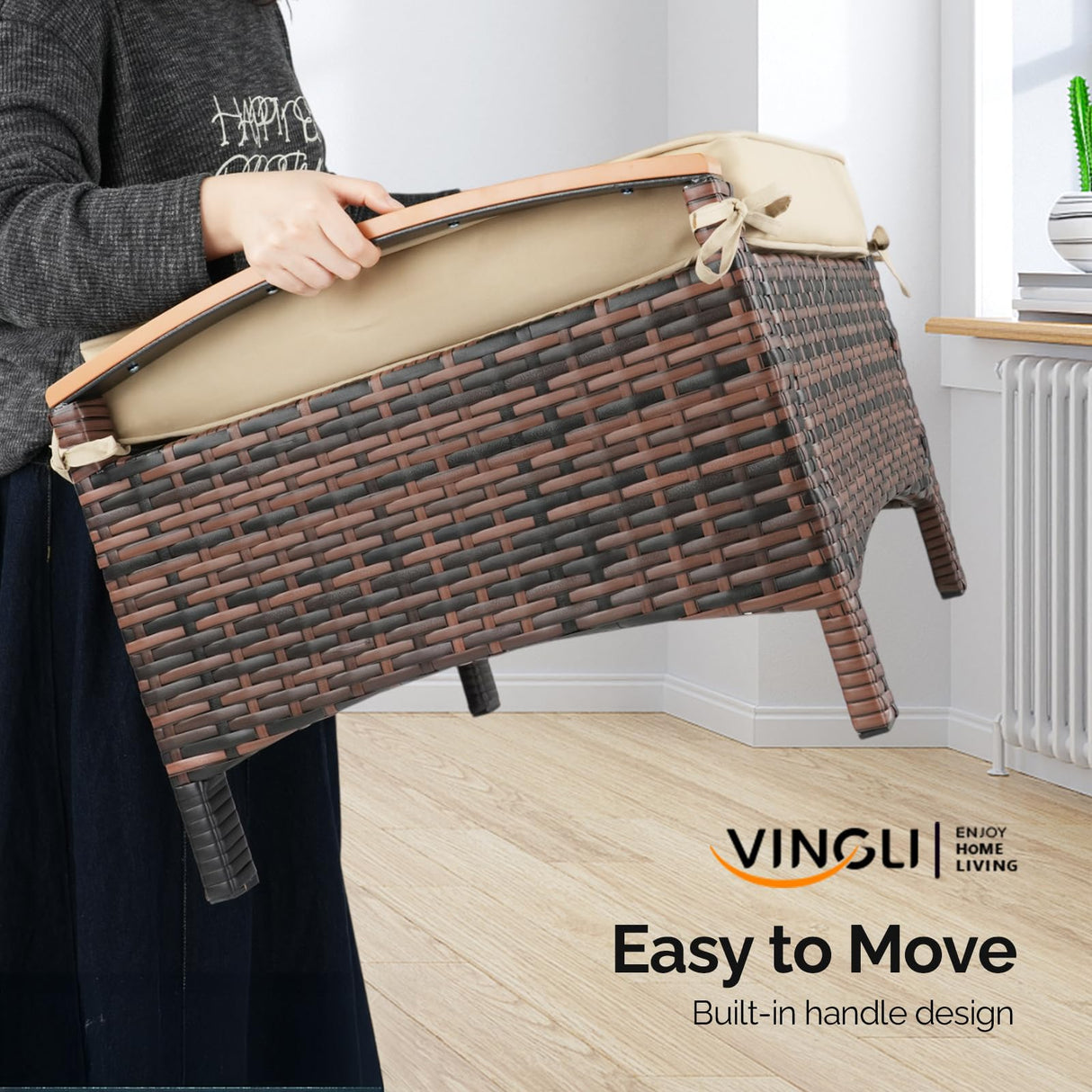 VINGLI Wicker Outdoor Ottoman Set of 2, All Weather PE Rattan Footstool for Patio w/Removable Cushions, Waterproof Rattan Foot Rest for Garden, Balcony, Poolside (Brown) VINGLI