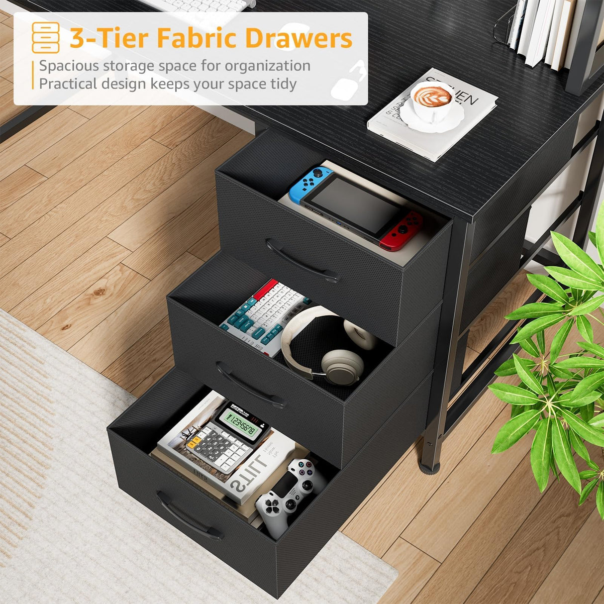 DLISITING Computer Desk with Hutch & Drawers - Office Study Writing 47 Inch Desk with 3 Drawers Storage Power Outlets, Modern Desk for Bedroom Home Office Black DLISITING