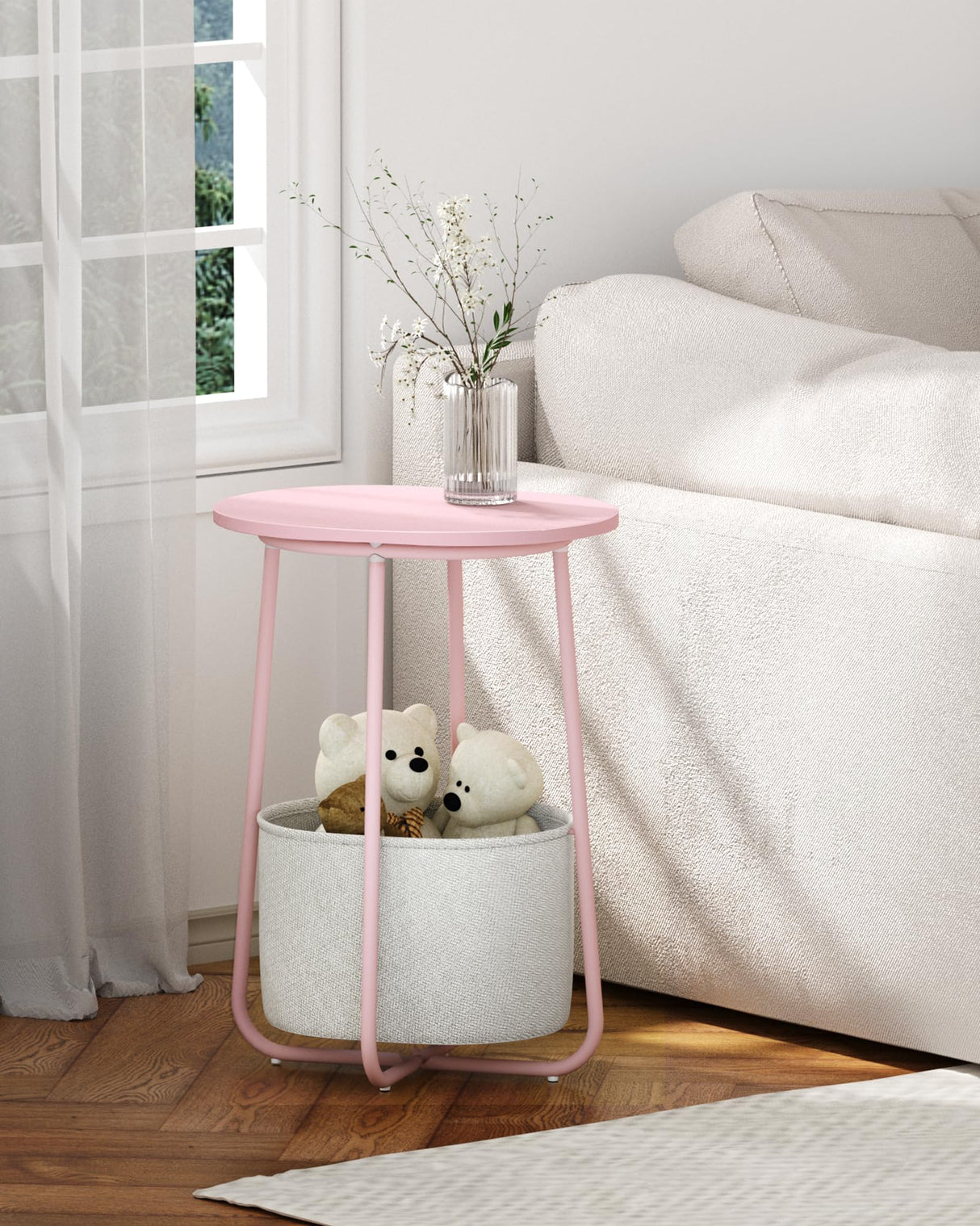 TUTOTAK Small Side Table, Oval End Table, Night Stand, Bedside Table, Set of 2, Sofa Table with Cloth Storage Basket, Living Room, Bed Room, Pink TB01BP0632 TUTOTAK