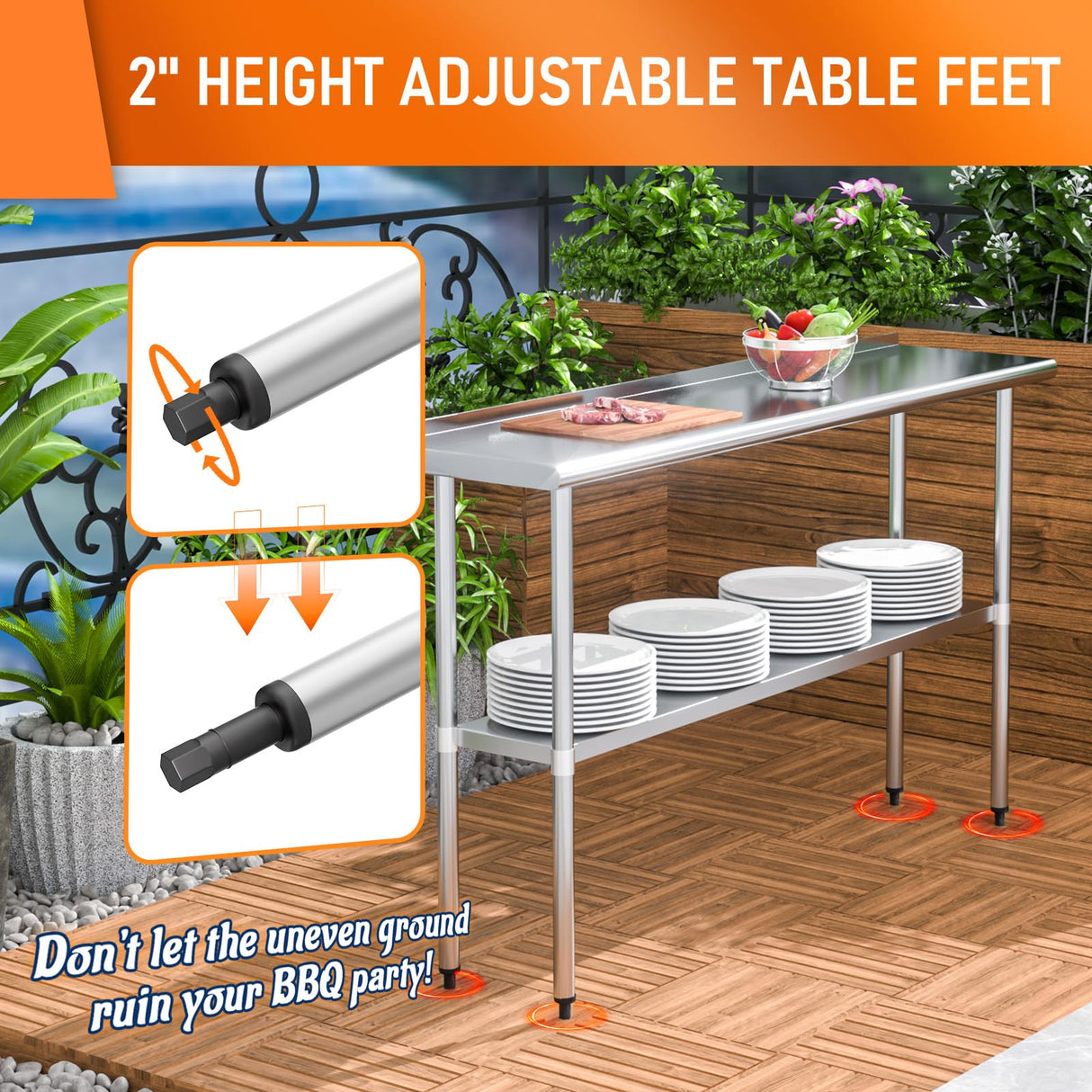 HOCCOT Stainless Steel Table for Prep & Work 14" X 60" inches with Adjustable Shelf and Backsplash, Commercial Workstations, Utility Table in Kitchen Garage Laundry Room Outdoor BBQ HOCCOT