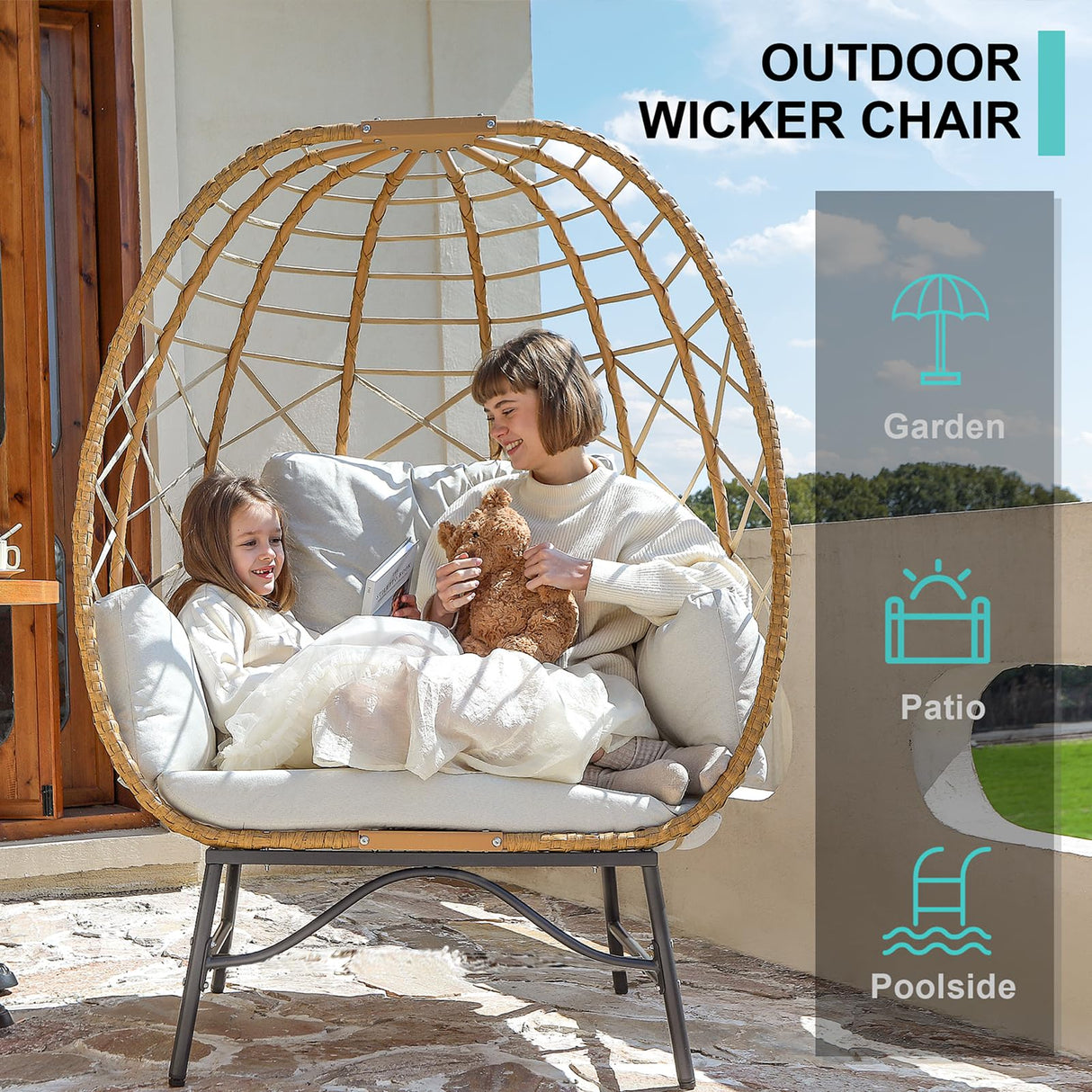 SWITTE Wicker Egg Chair Outdoor Indoor, Oversized Rattan Patio Lounge Chairs with Cushion for Backyard, Living Room, Steel Frame, 480lb Capacity-Cream SWITTE