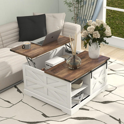 TaoHFE Lift Top Coffee Table with Storage,Rustic White Farmhouse Coffee Table, Square Storage Compartment and Adjustable Shelves Coffee Tables for Living Room (Oak White)