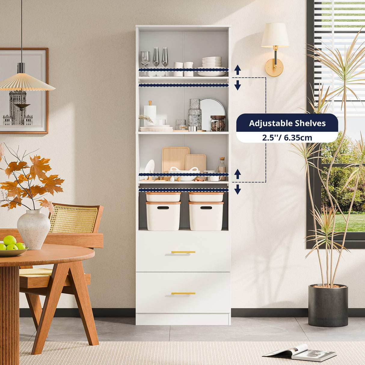 Cozy Castle 74.1'' Bookshelf,Tall Bookcase with Drawers, 4-Tier Open Bookshelf with Adjustable Storage Shelves,23.6 Inches Wide Floor Standing Bookcase for Home Office,Bedroom,Living Room,White Cozy Castle