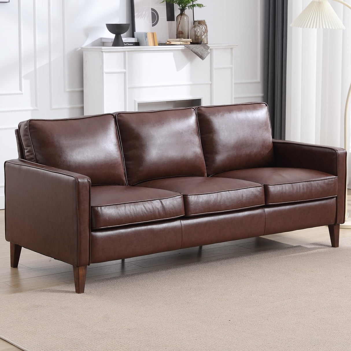 EBELLO 77” Mid Century Modern Sofa Couch, 3 Seater Faux Leather Couches for Living Room, Soft Padded Comfy Cushion, Small Sofa for Small Spaces, Bedroom, Apartment, Dark Brown EBELLO