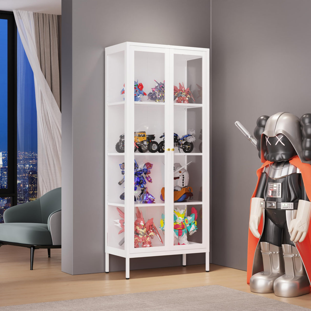 UNICOLY Display Cabinet with Glass Doors, Glass Display Cabinet 4-Tier, Metal Curio Display Cabinet with Tempered Glass Doors for Bedroom, Living Room,Dining Room.White UNICOLY