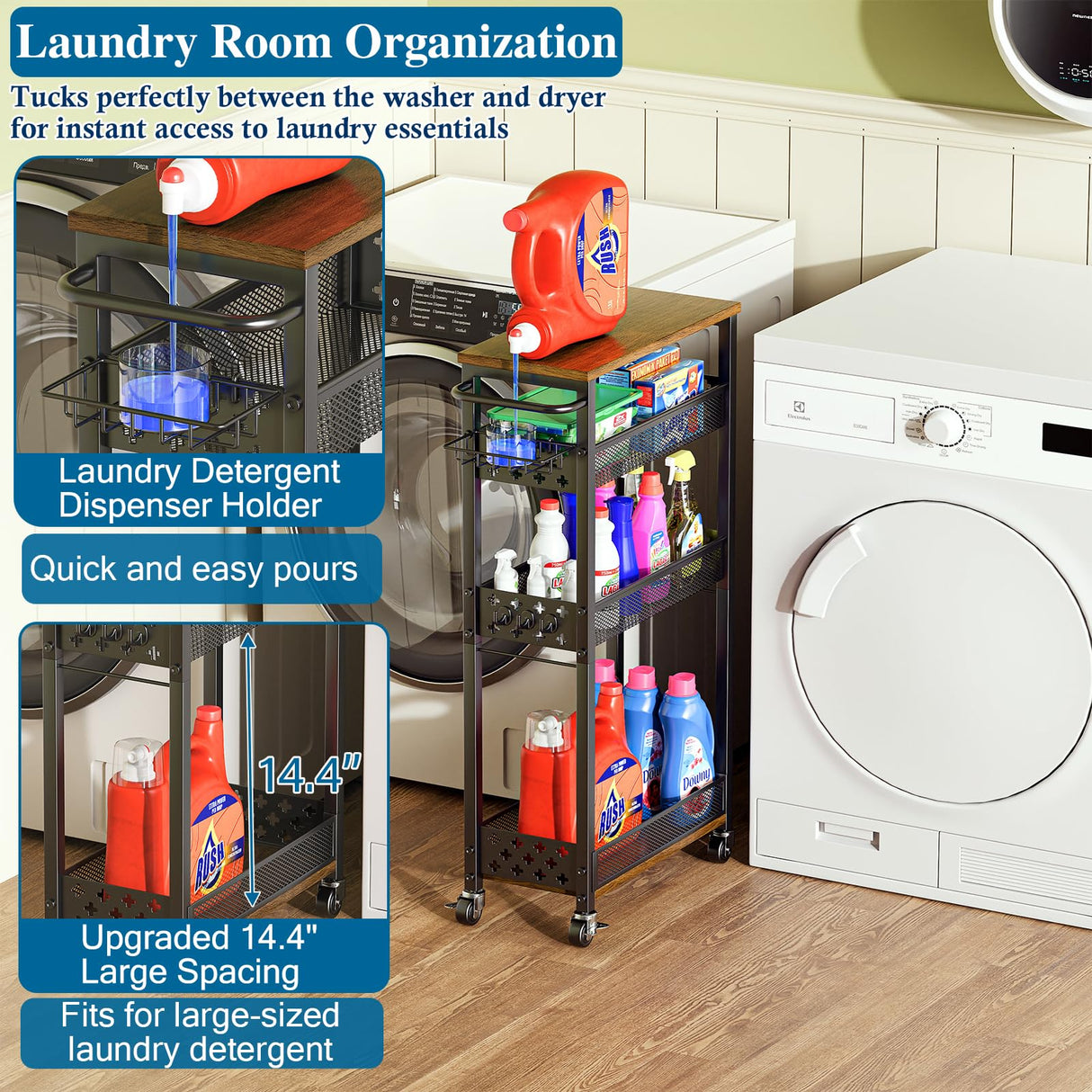 OKZEST Rolling Slim Storage Cart, 4-Tier Narrow Bathroom Organizers and Storage Cart, Metal Narrow Kitchen Laundry Room Organization Shelf with Wood Top, Slim Utility Cart with Wheels for Small Space OKZEST