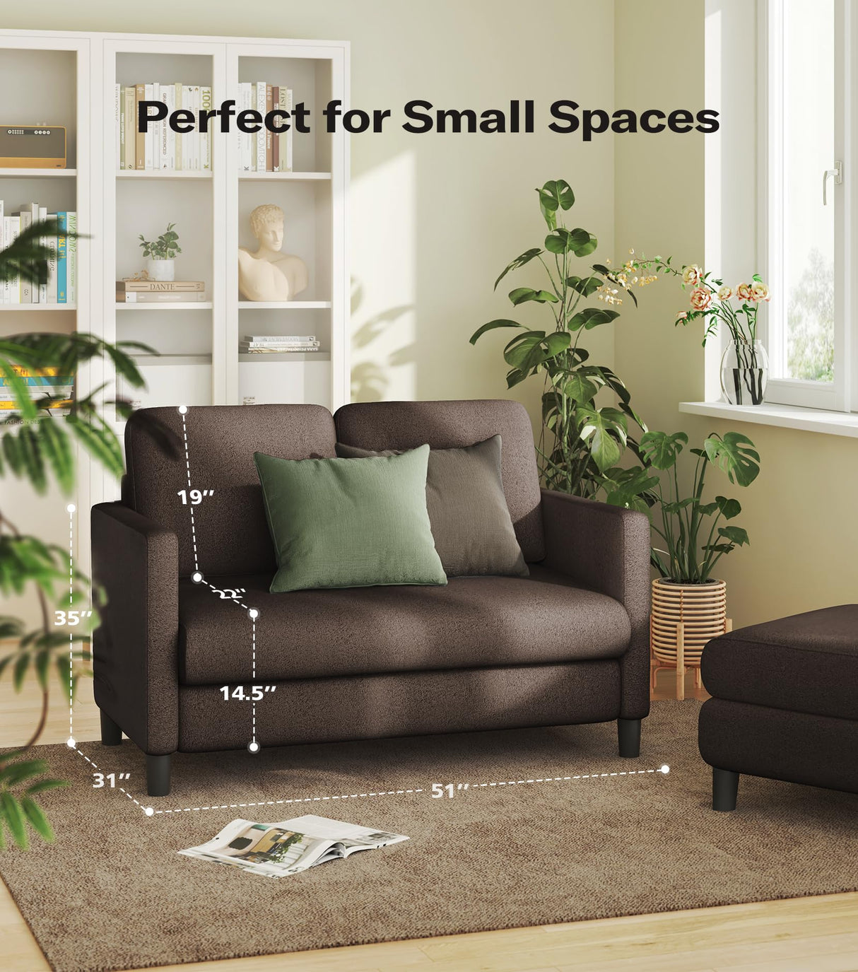 Welzona Loveseat Sofa, 51" Small Sofa Couch for Bedroom, Comfy Teddy Love Seat, Tool-Free Setup Sofas for Living Room, All-Wood Small Couches for Small Spaces, Small Couch No Pillow Include, Brown Welzona