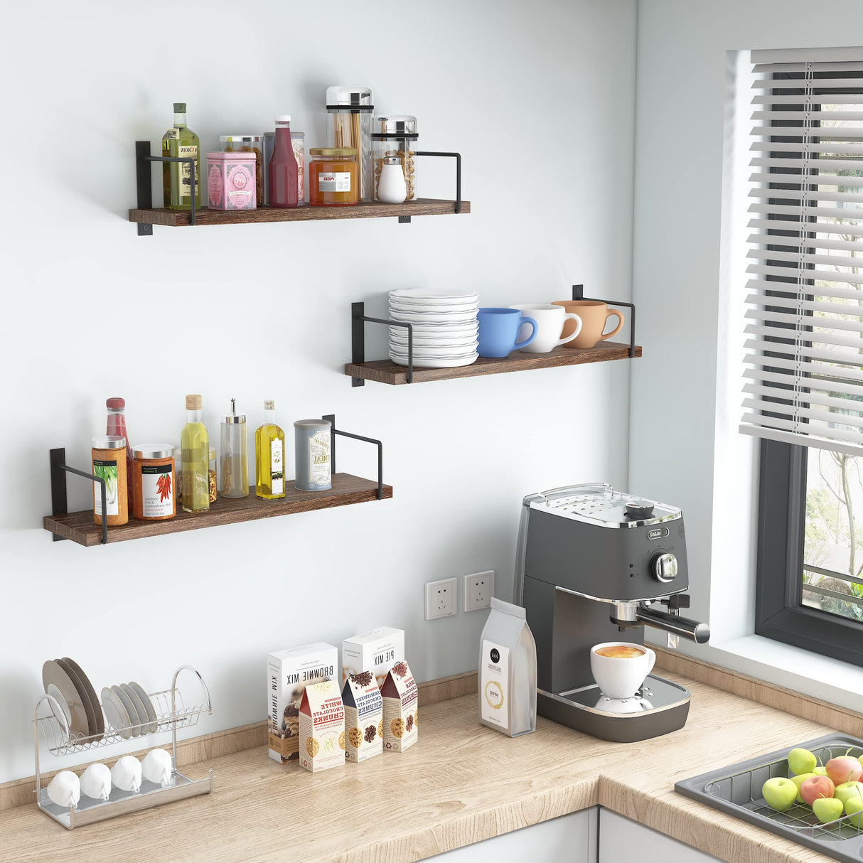 EALLRINEC Floating Shelves - 24 Inch Wall Mounted Set of 3 Rustic Wood Shelves for Wall Decor and Living Room Storage (Brown) EALLRINEC