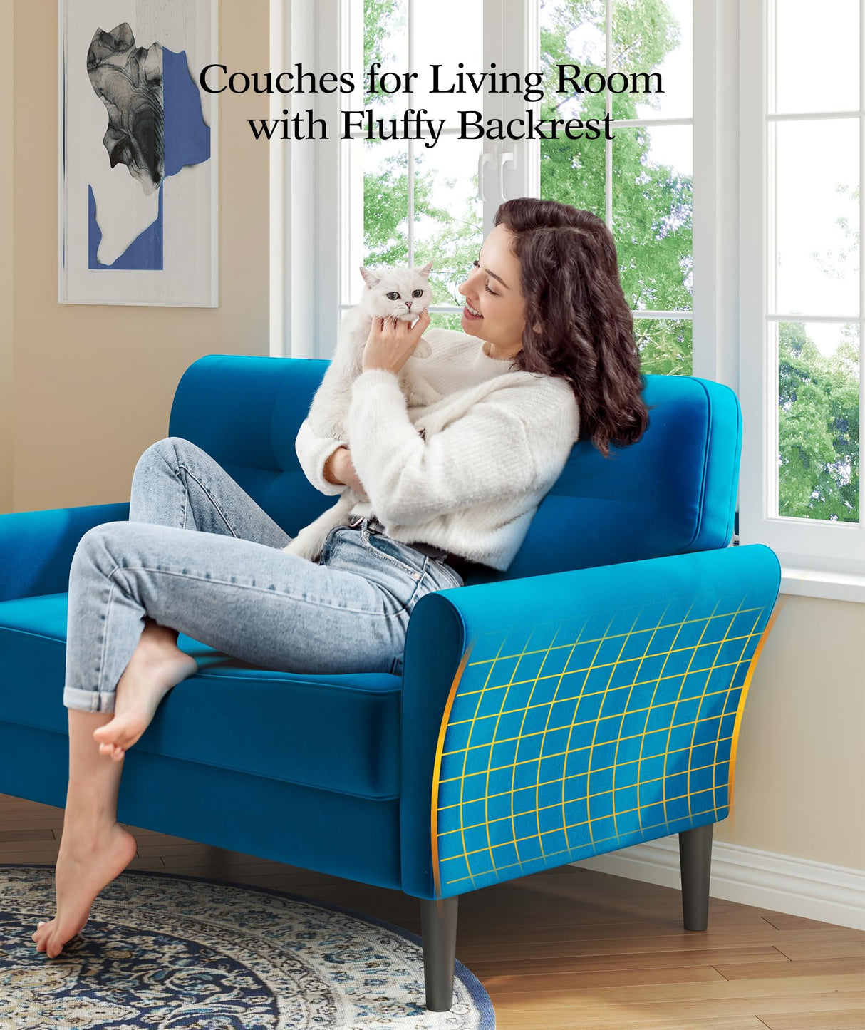 Kidirect 48" Loveseat Sofa, Small Couch for Bedroom, Comfy Love Seat with 21in Extra Deep Seats, 2 Seats Sofa Couch for Small Spaces, Apartment, Tool-Free Setup Mini Couch, Blue Velvet Couch Kidirect