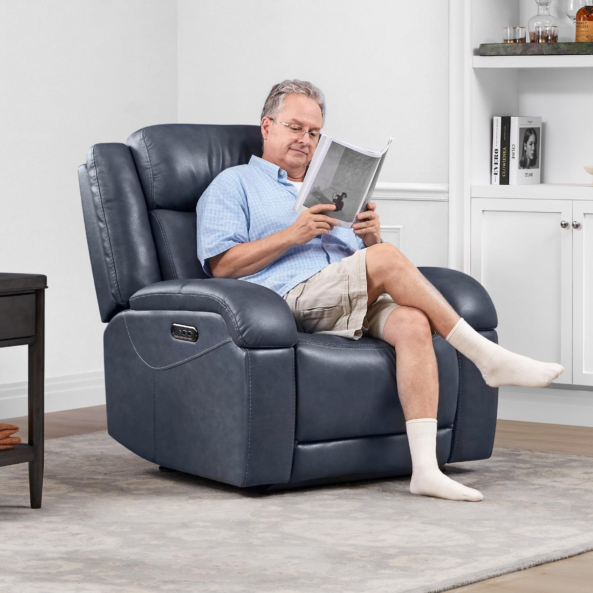 Watson & Whitely Oversized Genuine Leather Power Recliner Chairs for Big and Tall, Wall Hugger Recliner with Power Headrest & Charging Ports, Extra Large Reclining Chair for Living Room, Navy Blue Watson & Whitely