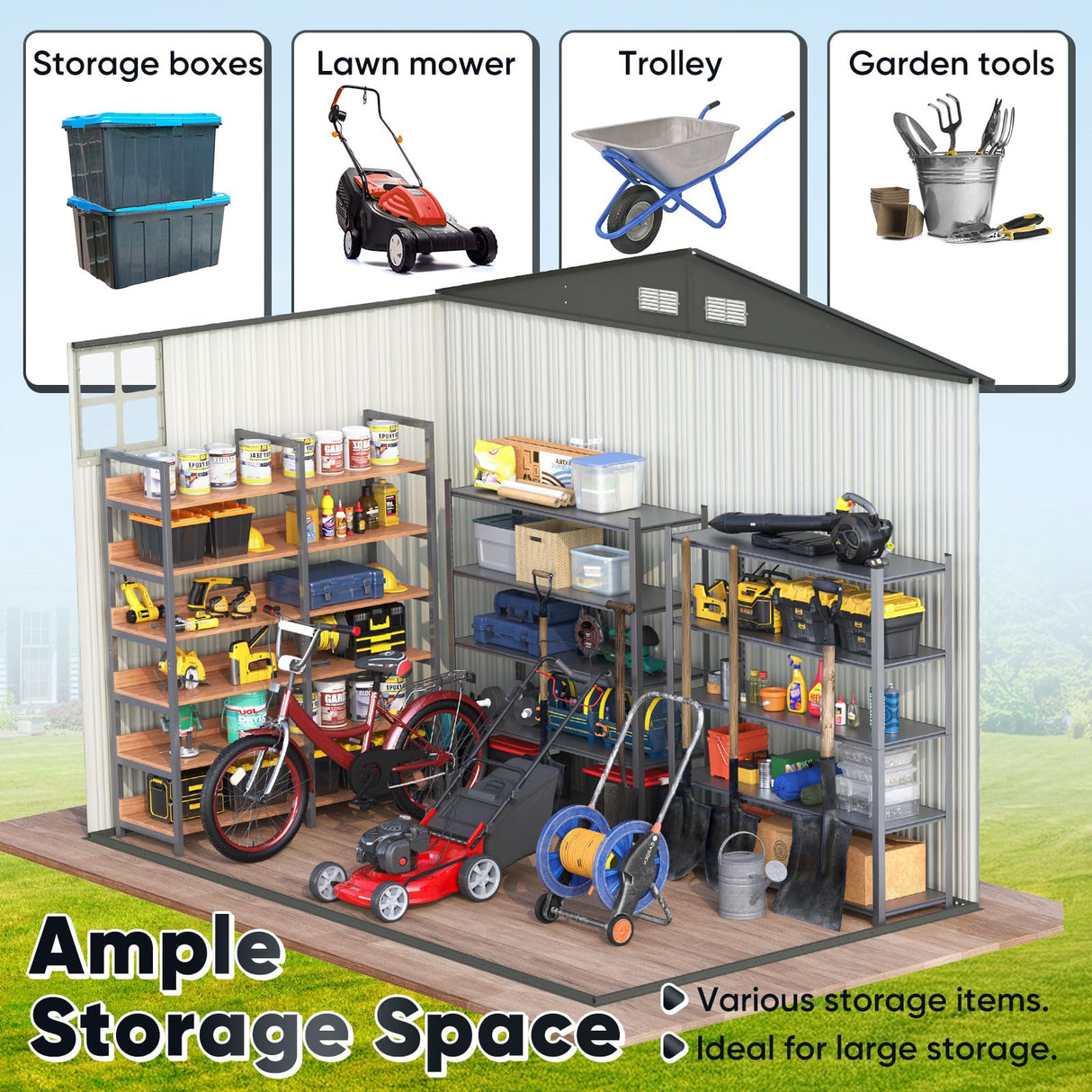 Quictent Heavy Duty 8X6 FT Outdoor Metal Storage Shed, Lockable Tool Shelter Waterproof Shed for Garden, Backyard, Lawn and Patio Scene with Combination Lock, Brown(8.2X5.8 FT Base, No Floor) Quictent