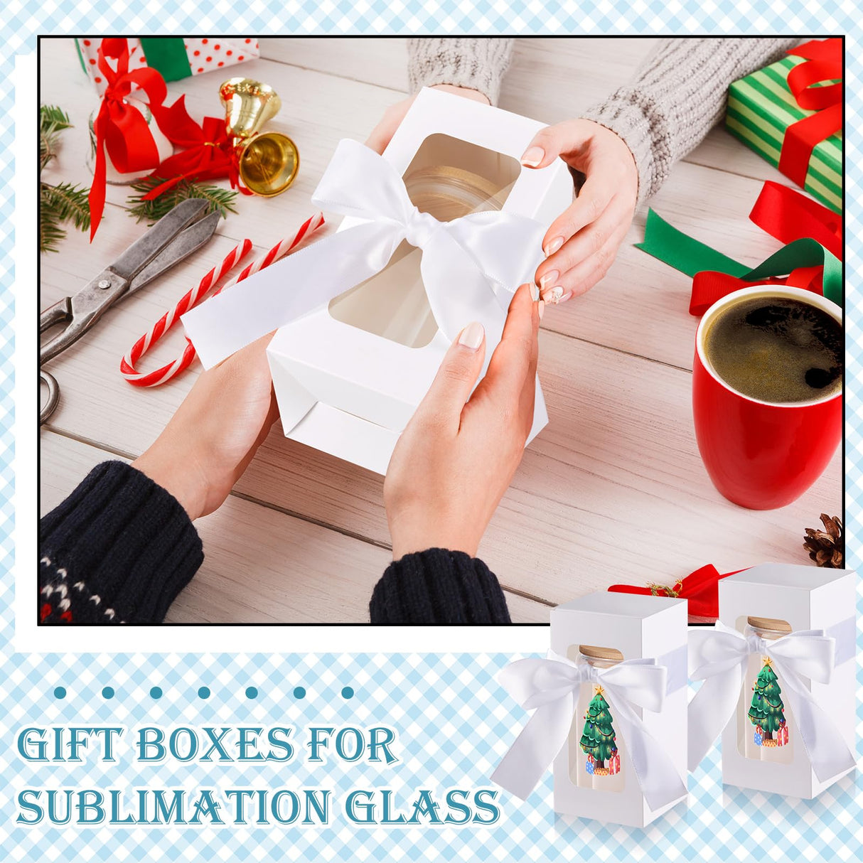 Fulmoon 12 Sets Sublimation Glass Gift Boxes Christmas Thank You Glass Cup Boxes with Ribbon Gift Wrap Boxes for Thanksgiving Christmas Shipping Blanks Sublimation Gift Wrapping (White) Fulmoon