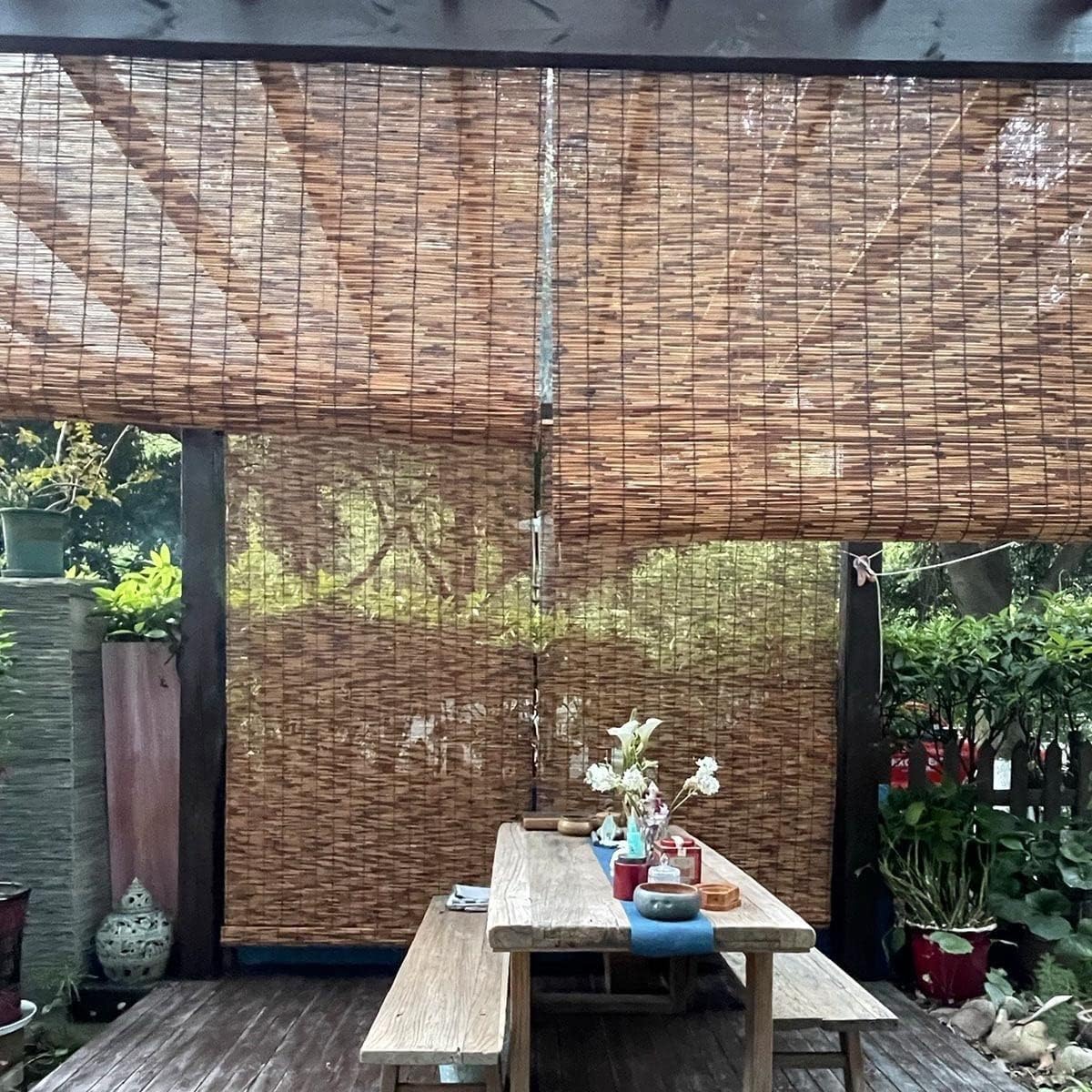 VELLOW Patio Shades Roll Up Outdoor, Bamboo Blinds for Window, Reed Roller Blinds, Cordless Blackout Bamboo Shade, Privacy Curtain, 24″ 30″ 34″ 36″ 39″ 43″ 48″ 55″ 70″ Width, UV Resistant/Waterproof VELLOW