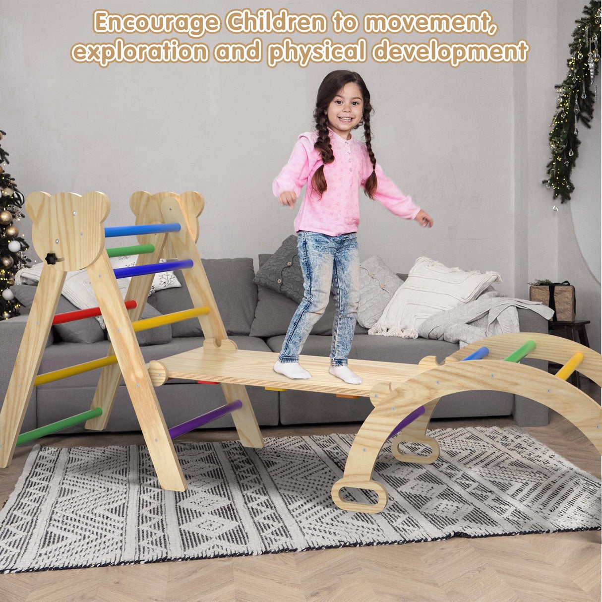 7 in 1 Montessori Pikler Triangle Set, Foldable Wooden Pickler-3 Piece Baby Climbing Gym Toddler Climbing Toys Indoor with Arch, Ramp, Ladder CMFYDAILY