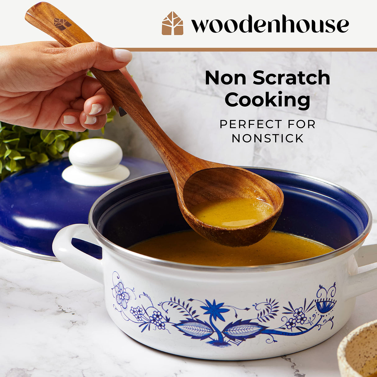 Wooden Ladle Spoon Set, 3 Size Teak Wood Kitchen Serving Spoon with Back Hooks for Pot & Bowl, Non-Stick Wooden Spoon Set for Cooking, Serving and Stirring WOODENHOUSE LIFELONG QUALITY