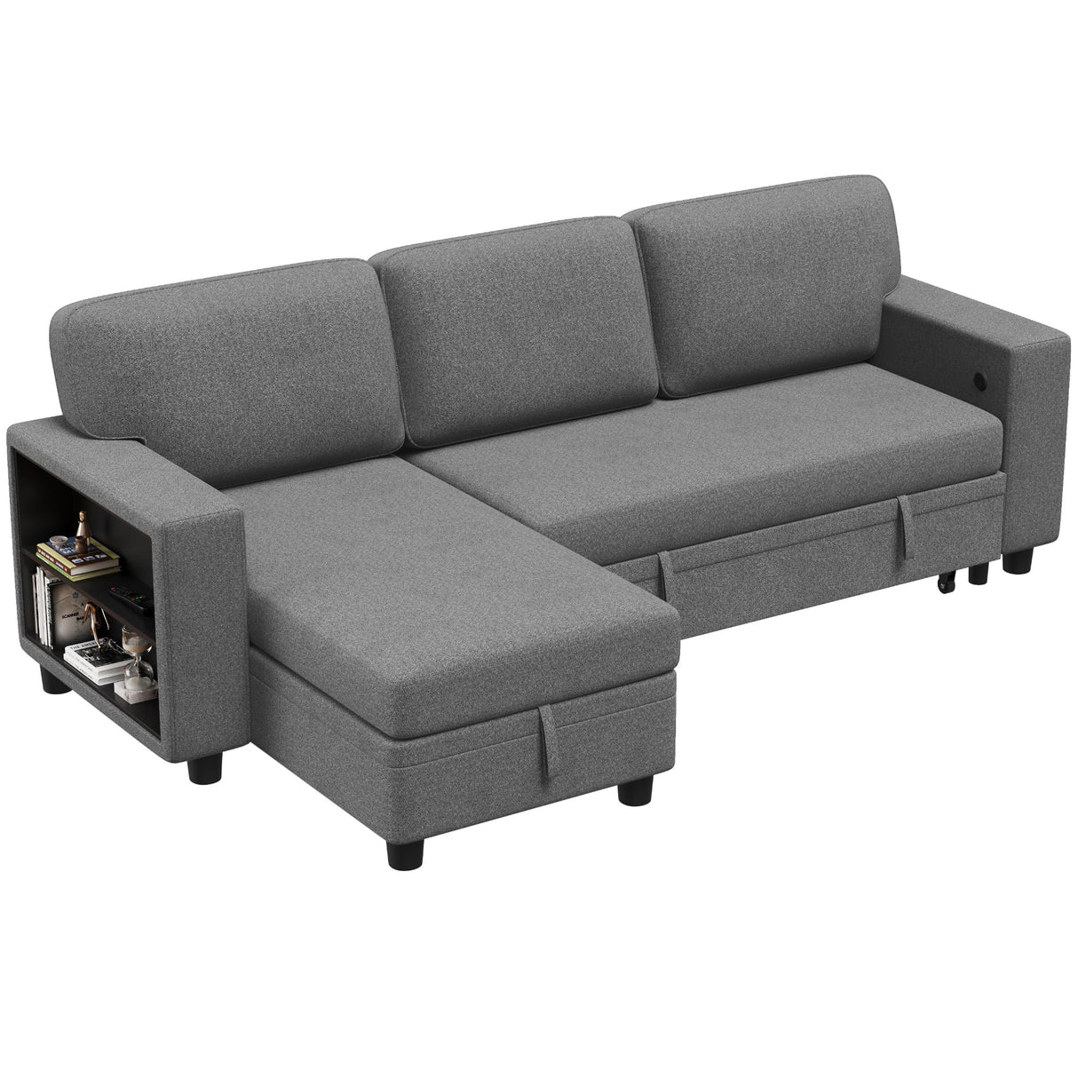 Flamaker 80" Sleeper Sofa, Pull Out Couch with Built-in Large Storage and 2 Bookshelves, Convertible Modular Sectional Sofa Bed with USB, Modern Fabric Couches for Living Room, Apartment (Grey) Flamaker