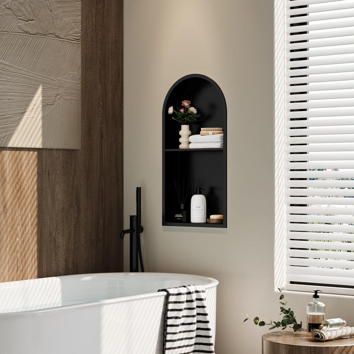 Qeke Stainless Steel Shower Niche 12" X 24", No Tile Needed Arched Niche Double Shelves, Recessed Shower Shelf Arched for Shower Wall, Matte Black Qeke