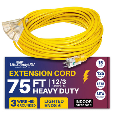 75ft Power Outdoor Extension Cord & Indoor - Waterproof Electric Drop Cord Cable - 3 Prong, 3-Outlet, SJTW, 12 Gauge, 15 AMP, 125 Volts, 1875 Watts, 12/3 by LifeSupplyUSA - Yellow (1 Pack)