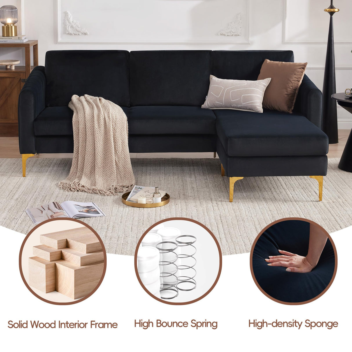 Kingfun 84" W Sectional Couches for Living Room, Velvet L Shaped Couch with Chaise and Metal Legs, 3 Seater Sofa Small Couch for Small Spaces Bedroom, Black Kingfun