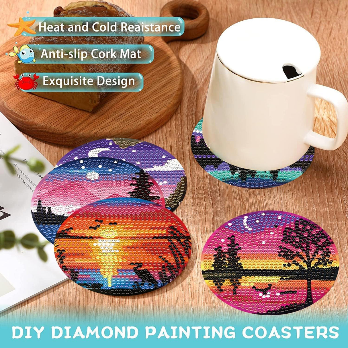 8 Pcs Diamond Art Coasters Kits with Holder, Landscape DIY Diamond Paintings Coaster Kits,Scenery Full Drill Rhinestone Painting Kits for Adults Beginners Art Craft Supplie for Tabletop Protection. eniref
