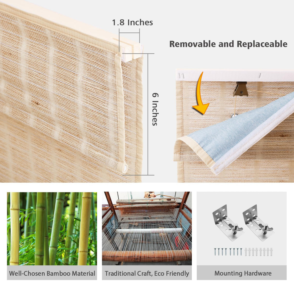 Artdix Bamboo Roman Shades, Natural Reef Cordless Custom Blackout Woven Wood Shades, Edge Binding Bamboo Window Shades for Indoor Windows Artdix
