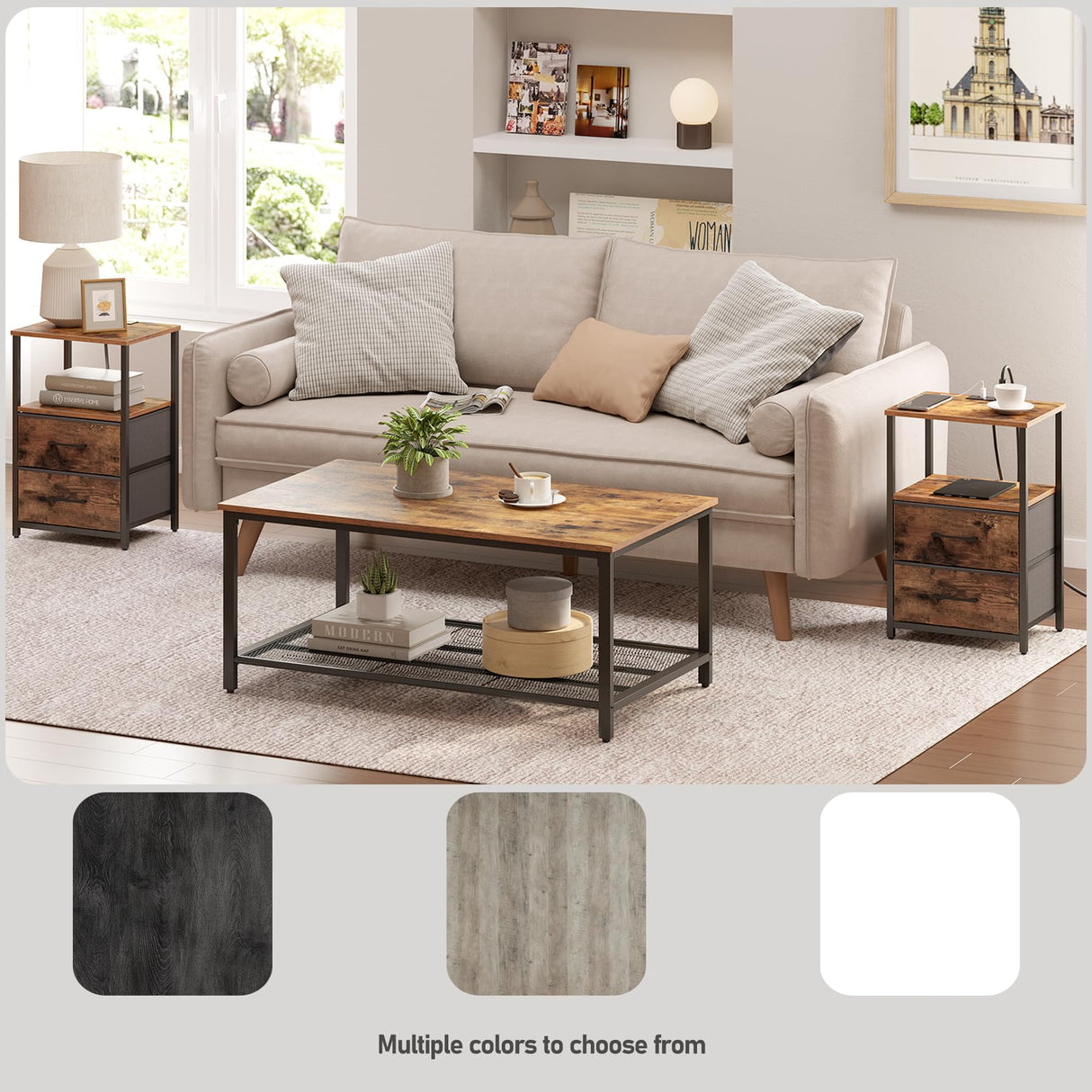 TUTOTAK End Table with Charging Station, Side Table with 2 USB Ports and Outlets, Nightstand with Cloth Drawer, Set of 2, Couch Table, Brown TB01BB052 TUTOTAK