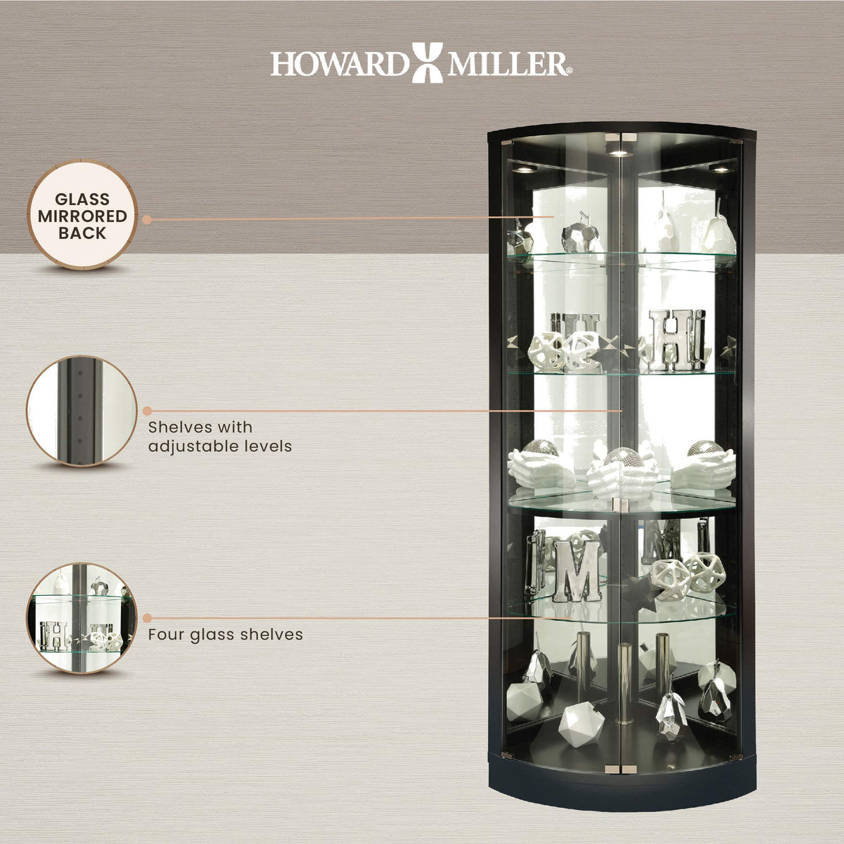 Howard Miller Jaime Curio Cabinet - Floor Mount Showcase Black Finish Adjustable Shelves & Levelers Illuminated Interior Lightning Perfect for Living Room Office and Room Decor Howard Miller