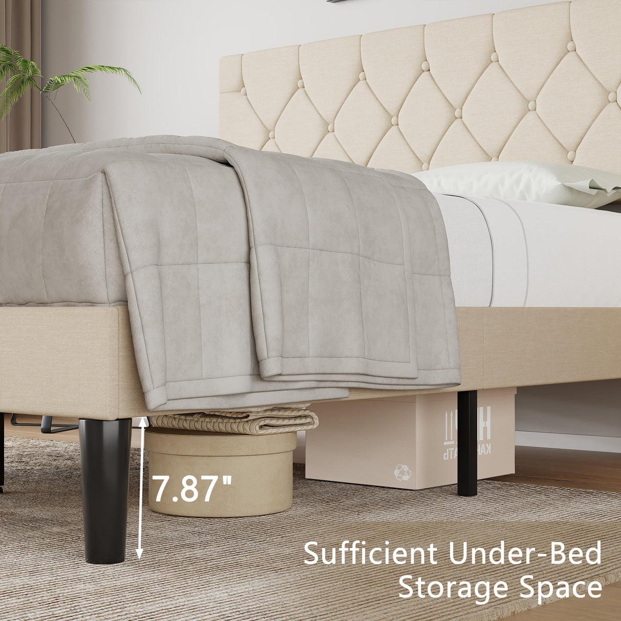 VECELO Queen Bed Frame with Button Tufted Headboard, Upholstered Platform with Wooden Slat Support, No Box Spring Needed, Cream Beige VECELO