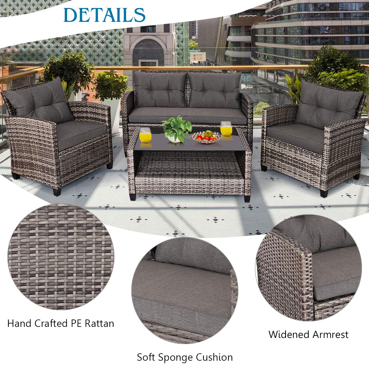Tangkula 4 PCS Patio Wicker Conversation Furniture Set, Outdoor Rattan Sofa Set with Padded Cushion & Tempered Glass Coffee Table, Wicker Sectional Sofas & Table for Courtyard Balcony Garden (1, Grey) Tangkula