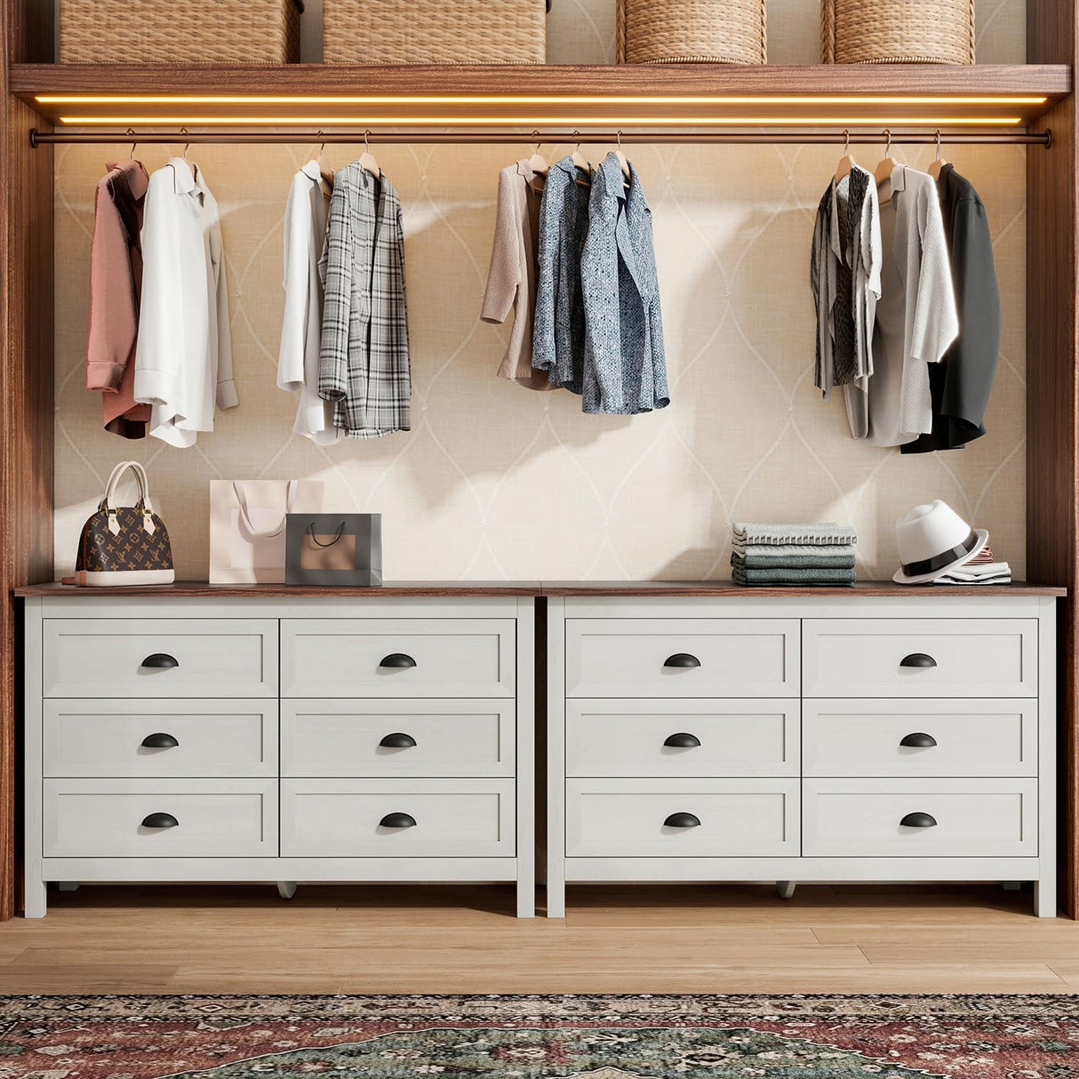 Wananlanen Farmhouse Dresser for Bedroom, Antique Double 6 Drawer Dresser & Chest of Drawer with Metal Handle and Storage, Wood Rustic Dresser Organizer for Living Room(Antique White) Wananlanen