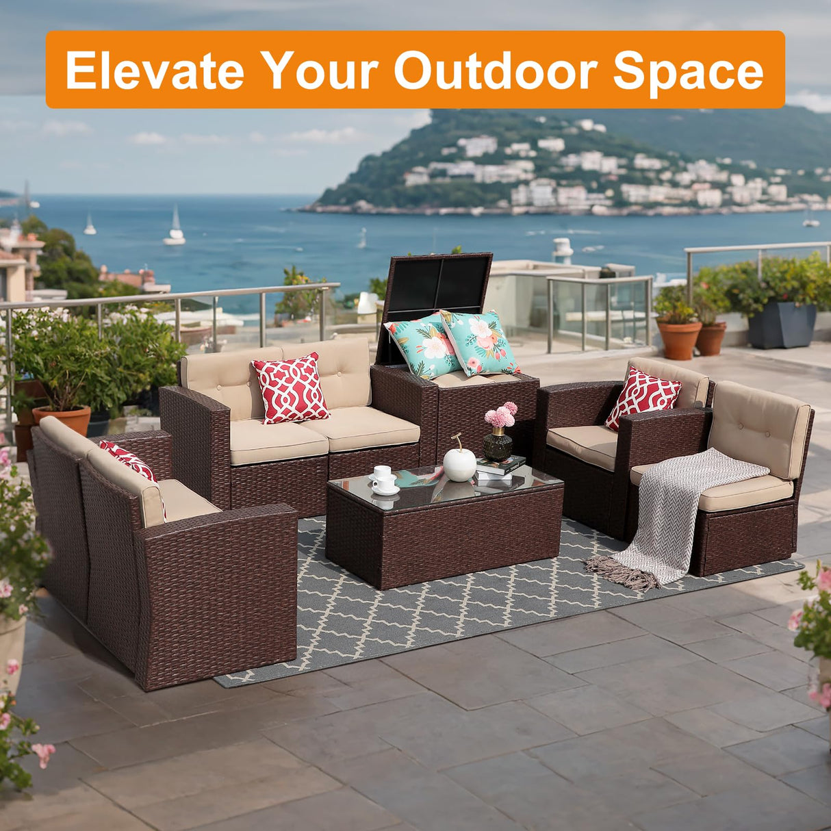 JOIVI 8 Pieces Patio Conversation Sets, All Weather Outdoor Sectional Patio Sofa, U-Shaped PE Wicker Patio Furniture Sets with Storage Box, Coffee Table, 3 Pillows, for Garden, Porch, Brown JOIVI