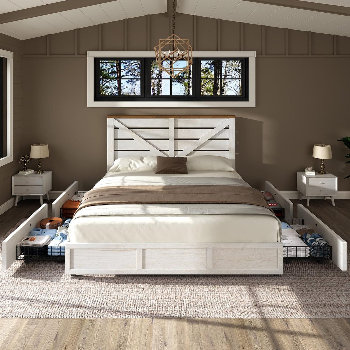 AMERLIFE King Size Farmhouse Bed Frame with 4 Drawers, Wooden Storage Bed Frame with Headboard and Heavy Duty Metal Slats, Noisy Free, Easy Assemble, White/Barnwood AMERLIFE