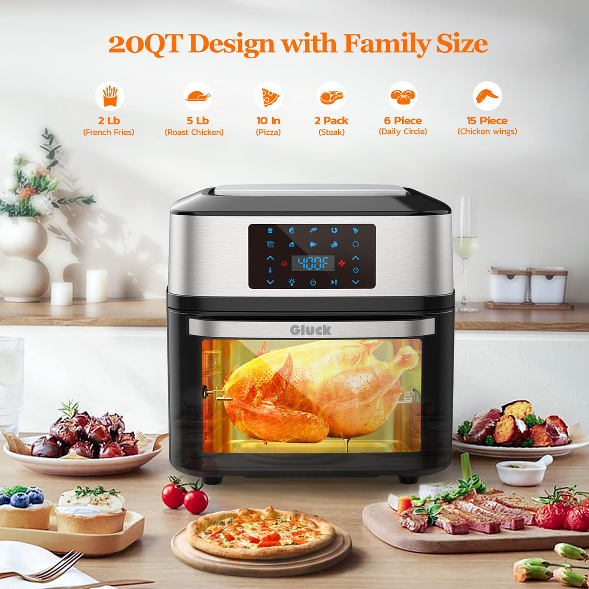 Air Fryer Oven Large 20 QT, 10-in-1 Airfryer Combo with Window for Family, Air Fryer Toaster Oven with Rottisserie Racks & Cookbook, ETL Certified Gluck