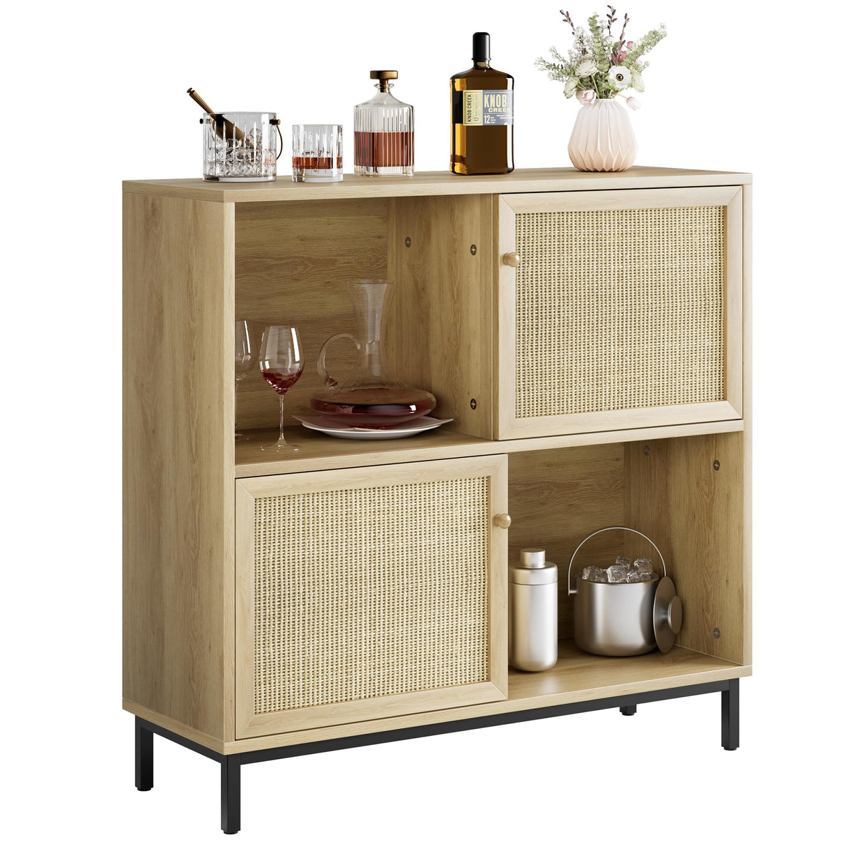GAOMON Coffee Bar Cabinet, Rattan Sideboard Buffet Cabinet with Sliding Door, Wood Wine Liquor Cabinet, 4 Storage Cube Display Accent Cabinet, for Living Room, Kitchen, Dining Room GAOMON