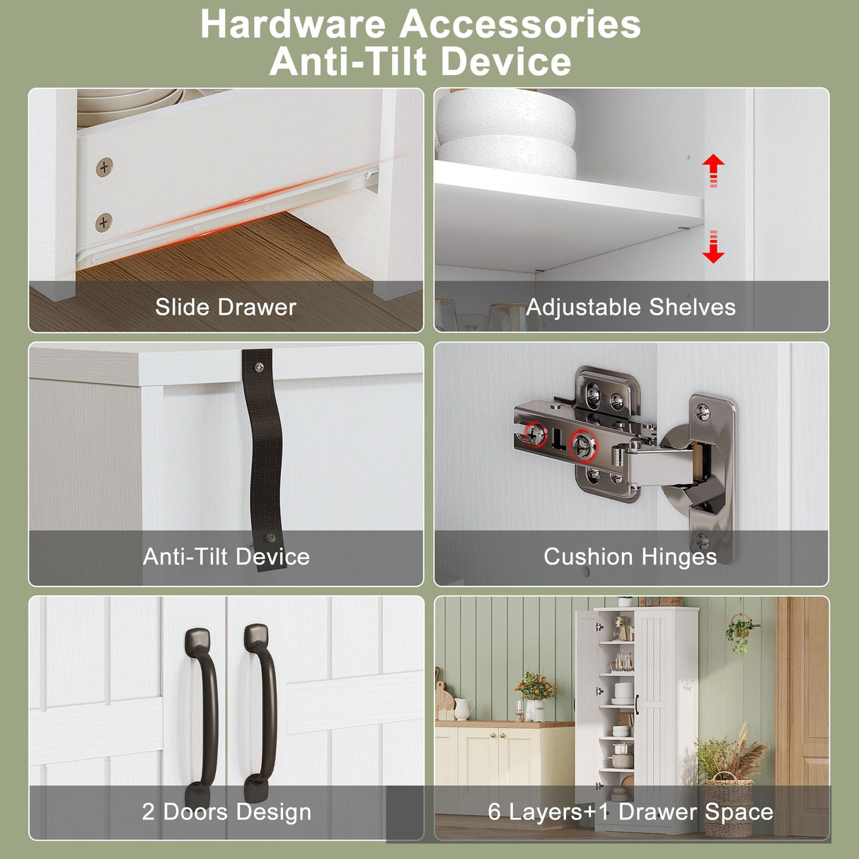 70" Tall Storage Cabinets, Large Wood Storage Pantry Cabinet with 6 Adjustable Shelves, 2 Striped Doors & Drawer, Standing Utility Cabinet for Kitchen, Bathroom, Dining Room, Antique (White) Decofy