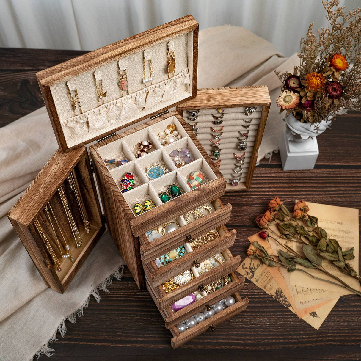 Poyilooo Large Jewelry Boxes for Women Girls, 9"x 5.9"x 12" Wooden 5-Layers Jewelry Organizer and Storage With Drawer, Suitable for Earring, Ring, Necklace, Bracelet. Gifts for Women Poyilooo