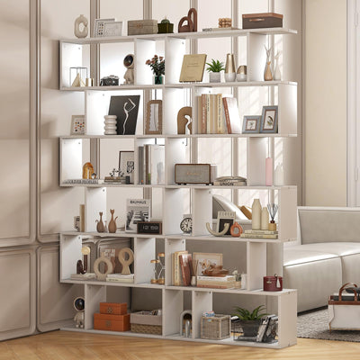 SILKYDRY 6 Tier Geometric Bookshelf, Book Shelf Room Divider, S-Shaped Modern Bookshelf, 75" Tall Decorative Display Shelf, Vertical Staggered Bookcase for Bedroom Home Office (2, White)