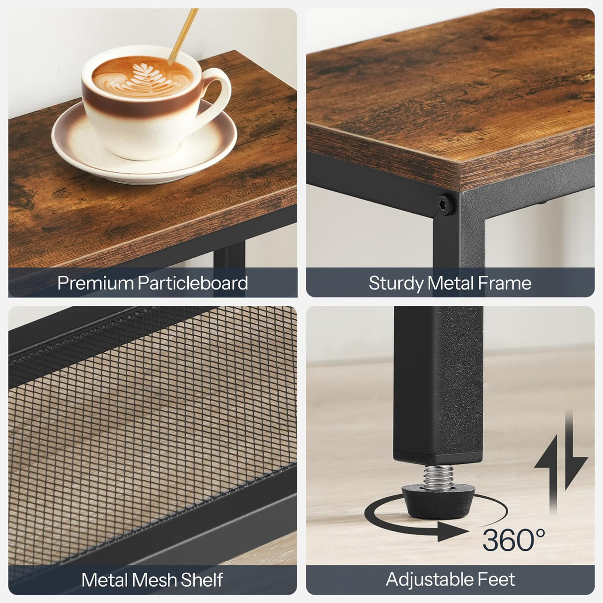 HOOBRO Console Table, Narrow Side Table, Sofa Table, 4-Tier Industrial Hallway Table with Metal Mesh Shelf and Adjustable Feet, for Entryway, Living Room, Hallway, Rustic Brown and Black BF79XG01 HOOBRO