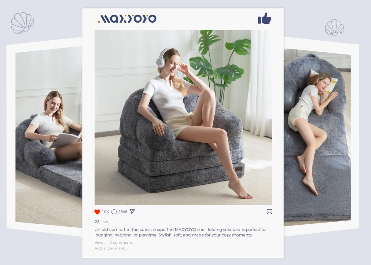 MAXYOYO Folding Sofa Bed, 2 in 1 Convertible Sofa to Lounger Comfy Single Bean Bag Chair for Adults, Floor Sleeper Couch with Handle, Faux Fur Couch Bed for Living Room Bedroom, Grey MAXYOYO