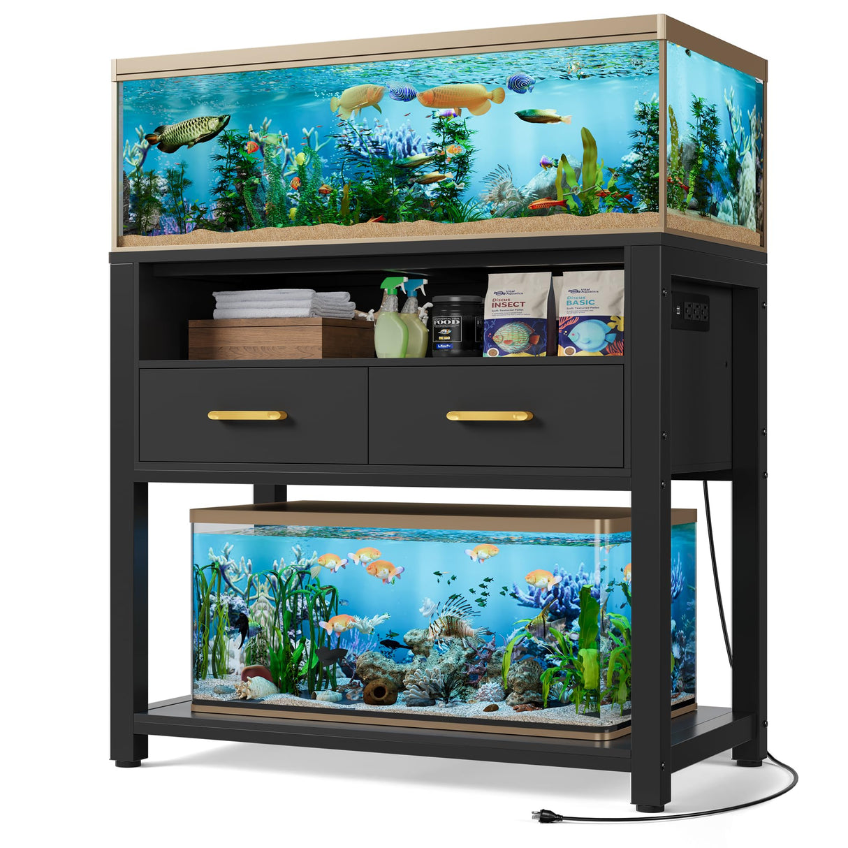 40-50 Gallon Aquarium Stand with Stable Metal Frame & Power Outlet, Heavy-Duty Fish Tank Stand with Waterproof Mat, 800LBS Capacity Storage Cabinet, Suitable for Turtle Tank, Reptile Terrarium, Black EOSVALO