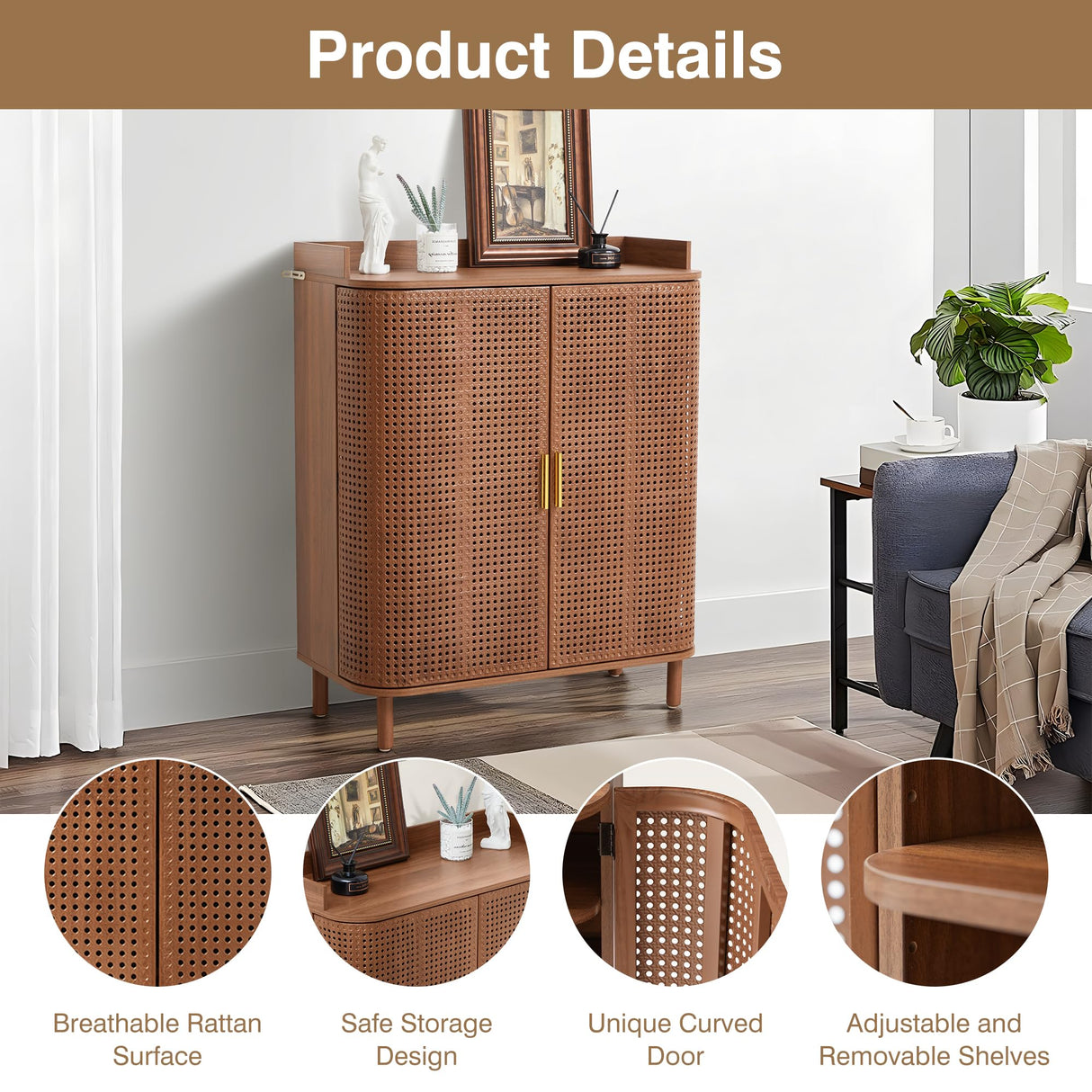 ORRD Shoe Cabinet, 5 Tier Boho Wooden Shoe Storage Organizer Cabinet with Adjustable Shelves, Shoes Rack with Iron Rattan Curved Doors Accent Cabinet for Entryway Hallway Living Room, Walnut ORRD