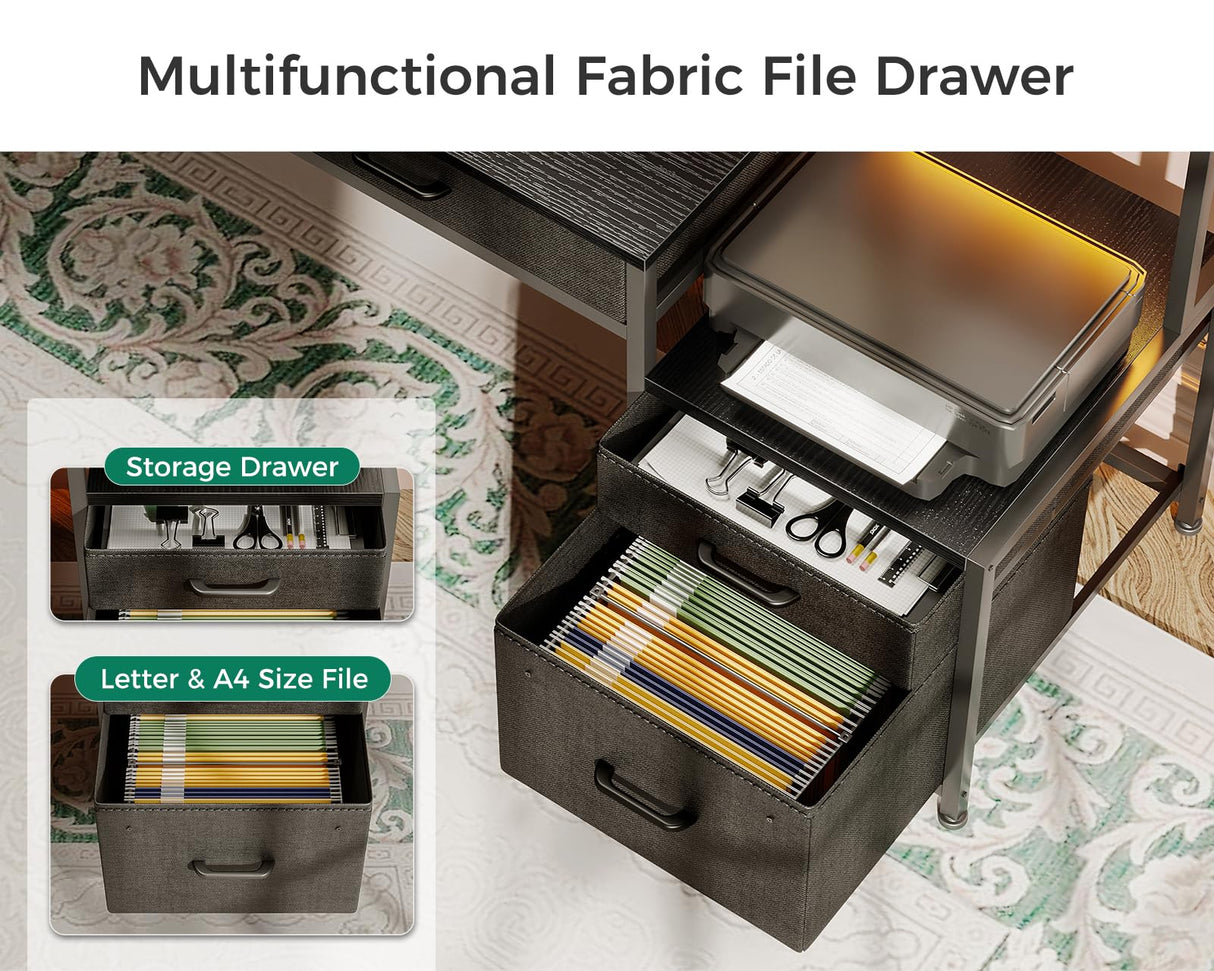 AODK 48-Inch Computer Desk with Power Outlets and LED Lights, Gaming Desk with 4 Fabric Drawers, Reversible Office Desk with Monitor Stand, Writing/Study Table for Home, Black AODK