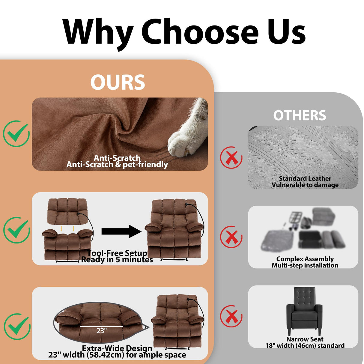 GNMLP2020 Oversized Recliner Chair, Big Mans Recliner Chairs for Adults 400LBS, Extra Wide Recliners for Tall Man, Large Recliner Chair for Living Room, Brown GNMLP2020