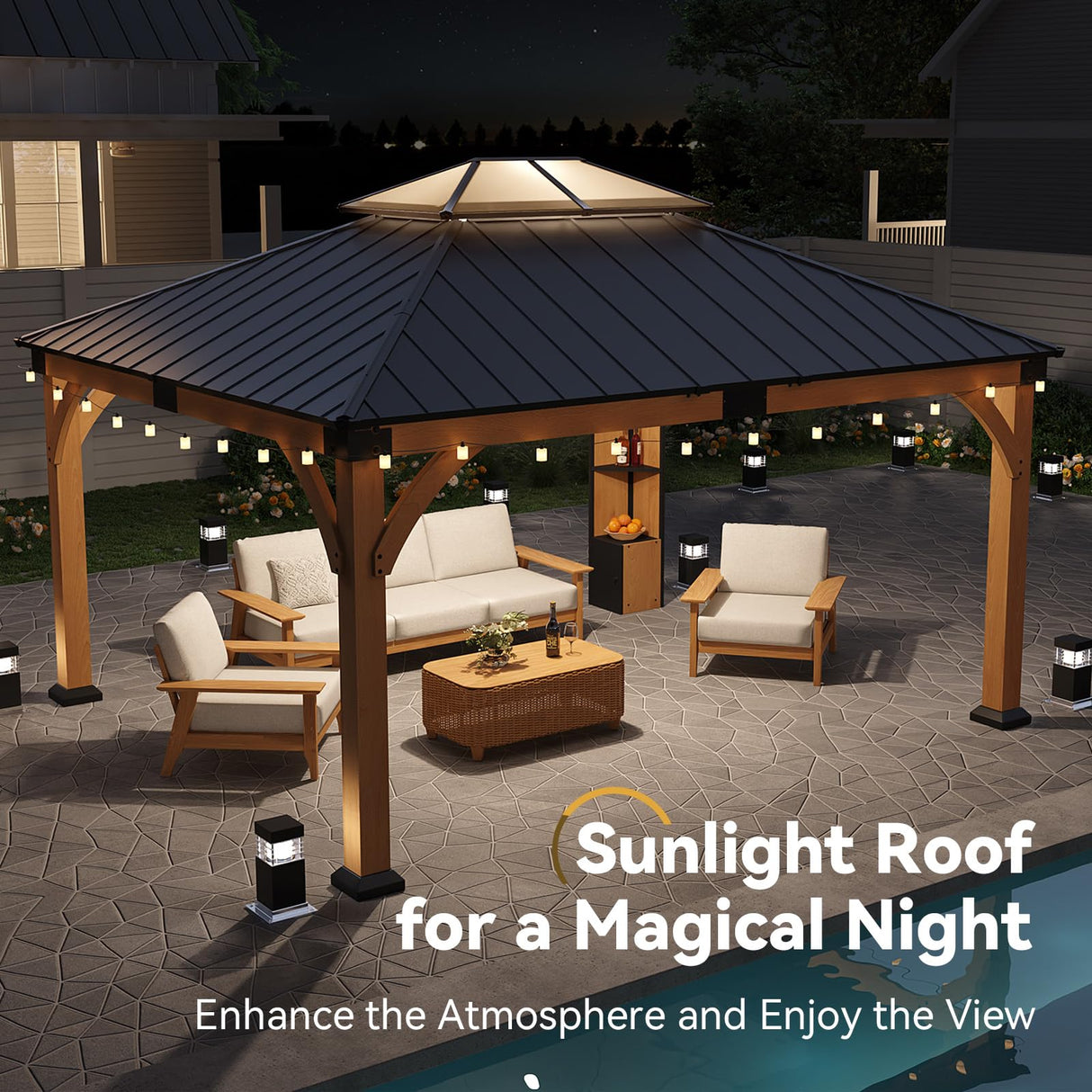 ZIENLIFE 12x14 ft Cedar Wood Gazebo with Sunlight Roof &Storage Cabinet, Hardtop Gazebo with Galvanized Steel Double Roof, Heavy Duty Pavilion for Patio Lawn and Garden ZIENLIFE