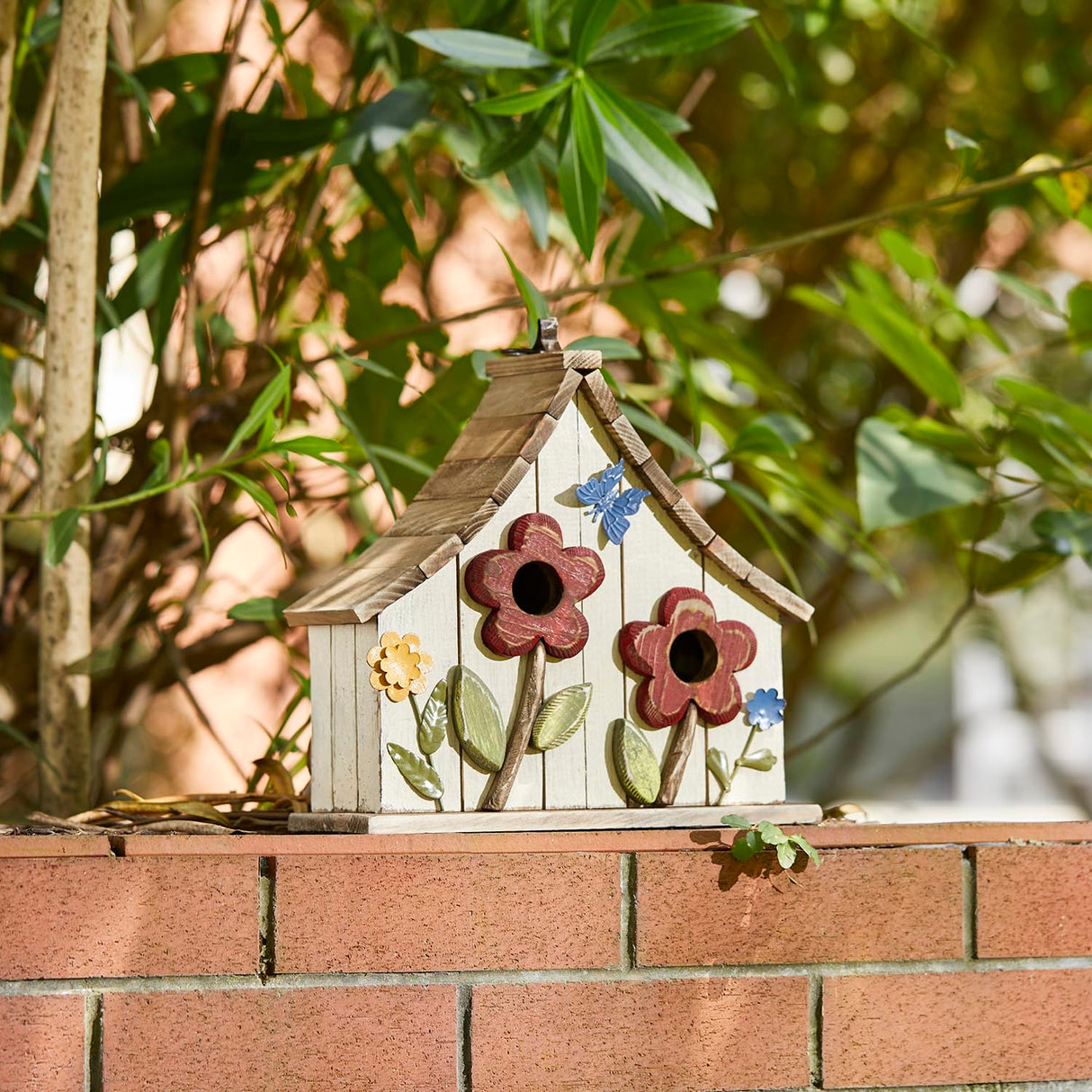 Glitzhome 10.75" L Distressed Solid Wood Birdhouse with 3D Flowers Rustic Two-Story Townhouse Hand-Painted Bird Houses for Garden Outdoors,Washed White glitzhome
