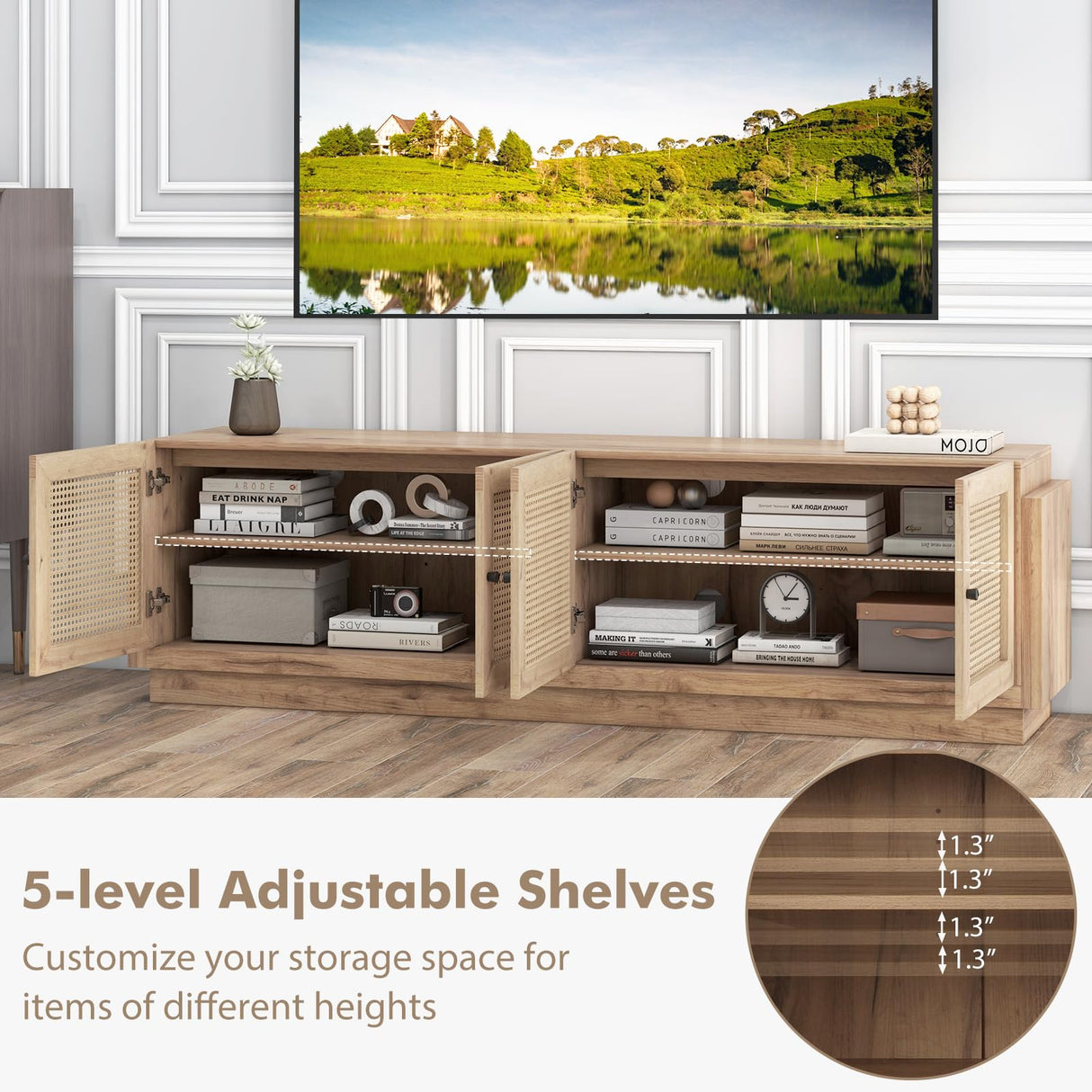 Tangkula Farmhouse TV Stand for TVs Up to 75-Inch, PE Rattan Entertainment Center with Storage and Adjustable Shelves, Mid Century Modern TV Console with 2 Cabinets and 8 Cable Holes for Living Room Tangkula